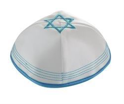 כיפה סאטן עם ריקמת מגן דוד ועיטור תכלת דגם 17529
