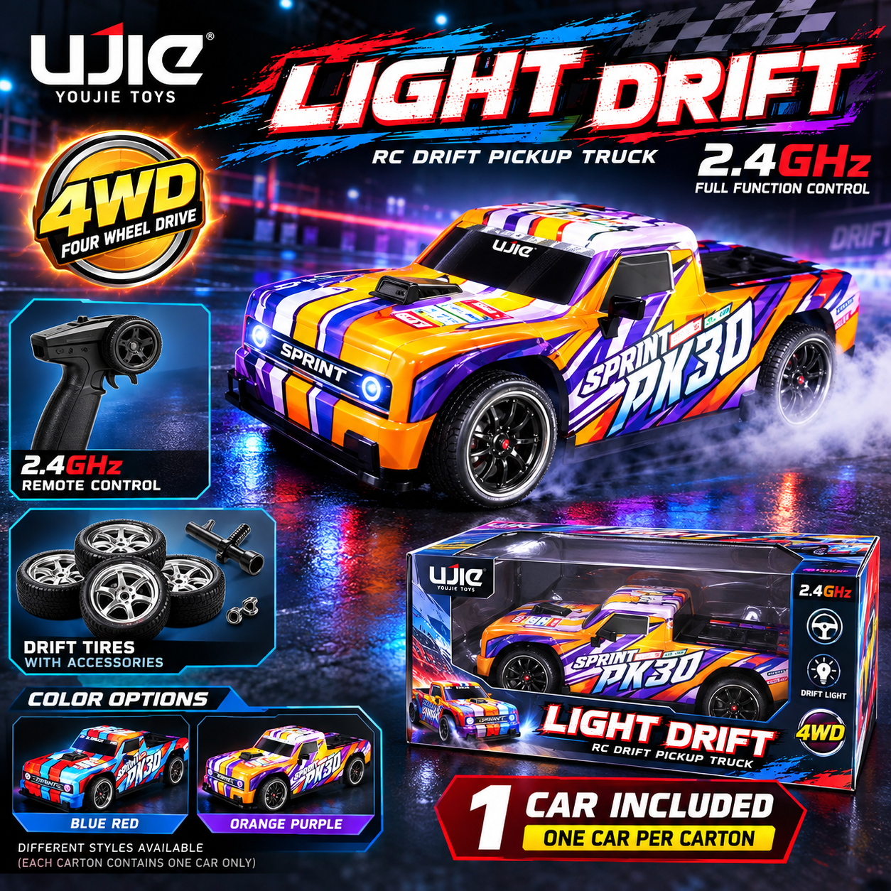 מכונית דריפט על שלט Light Drift עם תאורה והנעה 4×4 Ujie