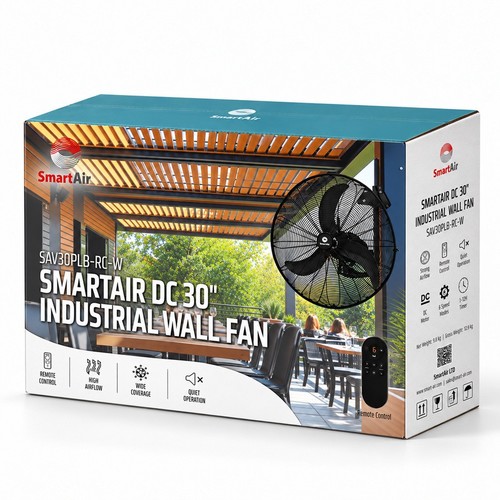 אריזת מאוורר קיר תעשייתי 30 אינץ׳ DC עם שלט SmartAir SAV30PLB-RC-W