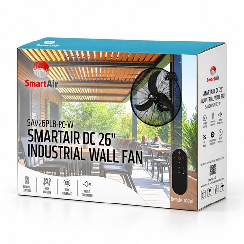 אריזת מאוורר קיר תעשייתי 26 אינץ׳ DC עם שלט SmartAir SAV26PLB-RC-W