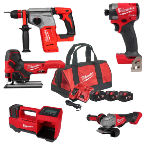 סט Milwaukee M18 מקצועי 5 כלים כולל 3 סוללות 5Ah, מטען מהיר ותיק