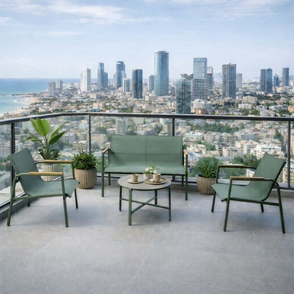 סט ישיבה לגינה ולמרפסת 4 חלקים עם ספה זוגית וכורסאות סלינג – דגם סביון ירוק – משלוח חינם*