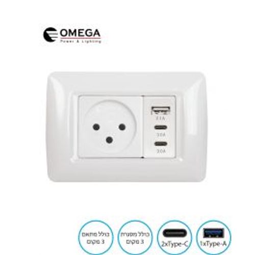 סט מודולרי שקע+מטען מהיר 1x(USB-A) + 2x(USB-C) + מתאם + מסגרת תואם 3 מקום