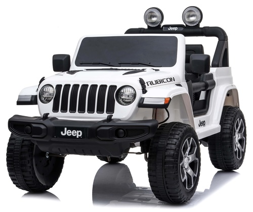 מכונית ממונעת 12V בדמות ג'יפ רוביקון Rubicon דו-מושבי עם דלתות נפתחות, גלגלי EVA, אורות ושלט- לבן  
