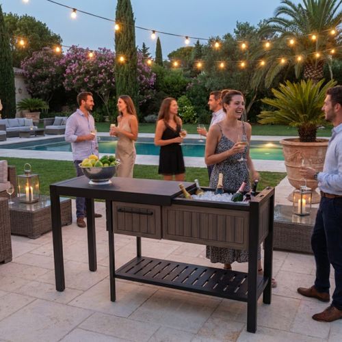 עמדת אירוח לגינה עם תא קרח ומדף – דגם אפרסק