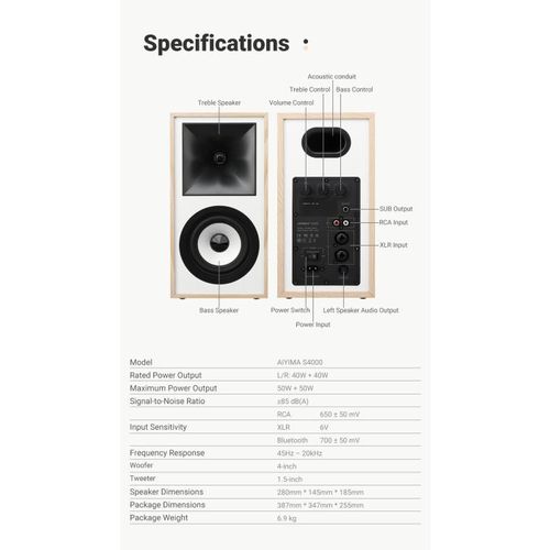 זוג רמקולי מדף מוגברים AIYIMA S4000 — Studio Monitor עם XLR, RCA ו-Bluetooth