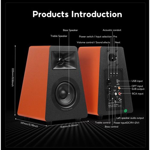 זוג רמקולי מדף מוגברים AIYIMA S30 — קומפקטיים עם BT, USB DAC ו-Optical (Orange)