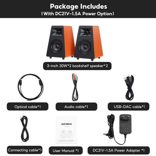 זוג רמקולי מדף מוגברים AIYIMA S30 — קומפקטיים עם BT, USB DAC ו-Optical (Orange)