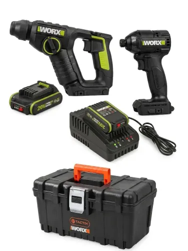 סט נטען 20V מבית WORX: מברגת אימפקט Brushless 190Nm + פטישון + זוג סוללות 2.0Ah, מטען וארגז כלים 