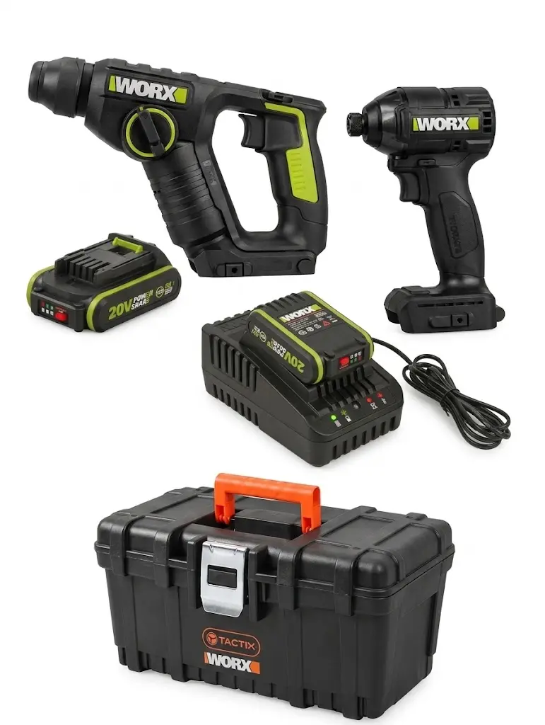סט נטען 20V מבית WORX: מברגת אימפקט Brushless 190Nm + פטישון + זוג סוללות 2.0Ah, מטען וארגז כלים "16