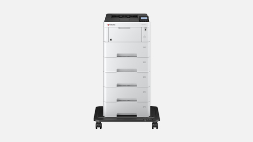 מדפסת לייזר שחור-לבן KYOCERA ECOSYS P3145dn עם 4 מגירות נייר נוספות ומעמד גלגלים (אופציונליים) – מבט מלפנים