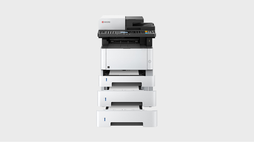מדפסת לייזר משולבת שחור-לבן KYOCERA ECOSYS M2040dn – מבט מלפנים עם מגירות הנייר פתוחות (כולל מגירות אופציונליות)