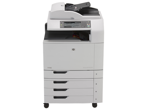 מדפסת לייזר צבעונית משולבת HP Color LaserJet CM6030 MFP – מבט מלפנים עם מגירות הנייר