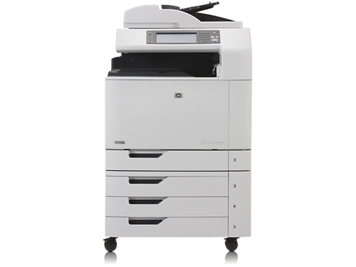 מדפסת לייזר צבעונית משולבת HP Color LaserJet CM6040f MFP – מבט מלפנים עם מגירות הנייר