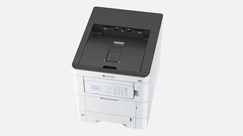 מדפסת לייזר צבעונית KYOCERA ECOSYS PA3500cx – מבט מלמעלה בזווית על מגש הפלט ולוח הבקרה