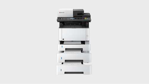 מדפסת לייזר משולבת שחור לבן KYOCERA ECOSYS M2540dn – מבט חזית עם שלוש מגירות נייר נוספות פתוחות