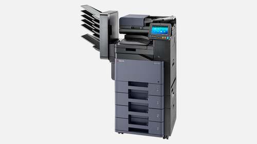 מכונת צילום משולבת לייזר צבעונית KYOCERA TASKalfa 408ci – מבט בזווית מימין עם תיבת דואר רב־תאית וארבע מגירות נייר