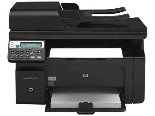 מדפסת לייזר משולבת שחור-לבן HP LaserJet Pro M1217nfw – מבט מלפנים עם לוח הבקרה ומגש הנייר