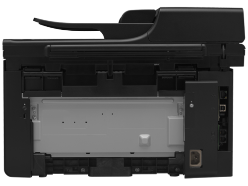 מדפסת לייזר משולבת שחור-לבן HP LaserJet Pro M1217nfw – מבט מאחור עם חיבורי החשמל, ה-USB, הרשת והפקס