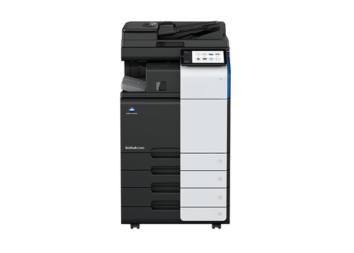 מכונת צילום משולבת צבעונית Konica Minolta bizhub C250i – מבט מלפנים עם ארבע מגירות נייר
