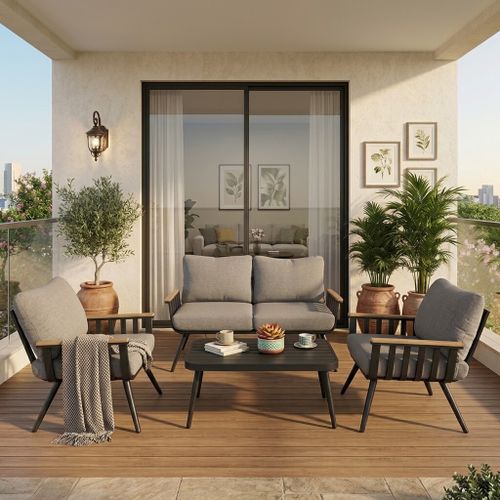 סט ישיבה מאלומיניום למרפסת, ספה זוגית ו-2 כורסאות, אפור כהה – דגם נאנט