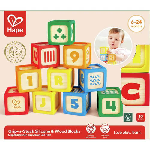 קוביות עץ וסיליקון Grip-n-Stack סט 10 חלקים Hape