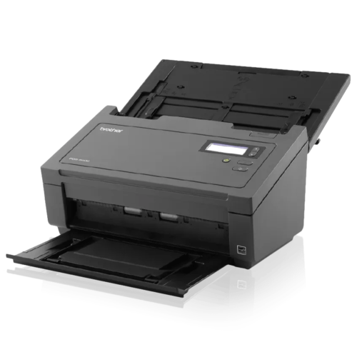 סורק מסמכים שולחני Brother PDS-5000 – מבט זוויתי משמאל עם מגש הפלט פתוח