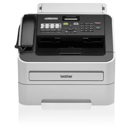 פקס לייזר שחור לבן BROTHER FAX-2840 – מבט קדמי עם שפופרת טלפון ולוח בקרה