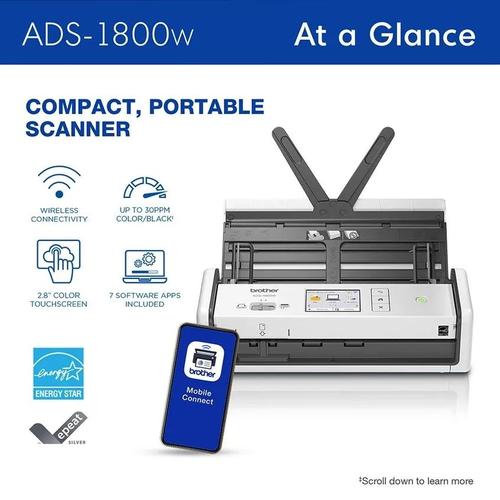 סורק מסמכים אלחוטי BROTHER ADS-1800W עם מסך מגע – מבט מזווית