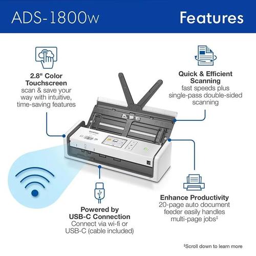 סורק מסמכים אלחוטי BROTHER ADS-1800W עם מסך מגע – מבט צד