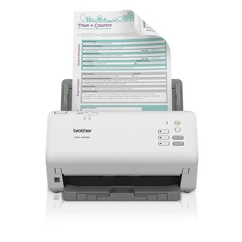סורק מסמכים שולחני BROTHER ADS-4300N עם מזין מסמכים אוטומטי – מבט קדמי בזמן סריקה