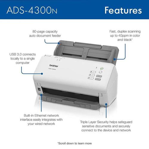 סורק מסמכים שולחני BROTHER ADS-4300N – מזין מסמכים אוטומטי ל-80 דפים