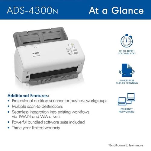 סורק מסמכים שולחני BROTHER ADS-4300N – סריקה דו-צדדית וחיבור רשת אלחוטי