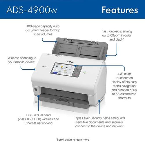 סורק מסמכים שולחני מקצועי BROTHER ADS-4900W – מזין מסמכים אוטומטי ל-100 דפים
