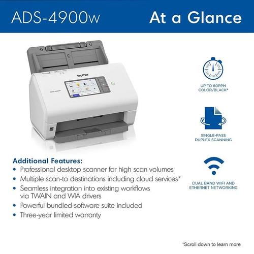 סורק מסמכים שולחני מקצועי BROTHER ADS-4900W – סריקה דו-צדדית ומסך מגע