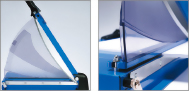 גליוטינה לחיתוך נייר KW-triO 13040 – תקריב על מגן הבטיחות המתקפל ומוט ההידוק האוטומטי