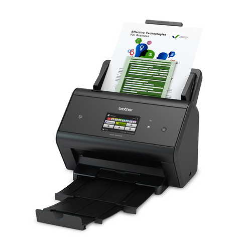 סורק מסמכים Brother ADS-3600W – מבט זווית קדמית-ימנית עם דף מוזן