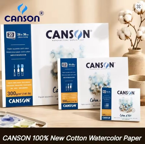 בלוק נייר 100% כותנה CANSON COTON d'ART לצבעי מים, גריעון grain fin (מגוון גדלים)