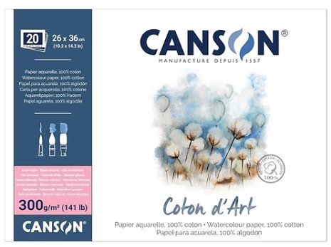 בלוק נייר אקוורל 100% כותנה ,  CANSON COTTON D'ART גרעון grain satin ( מגוון גדלים) 