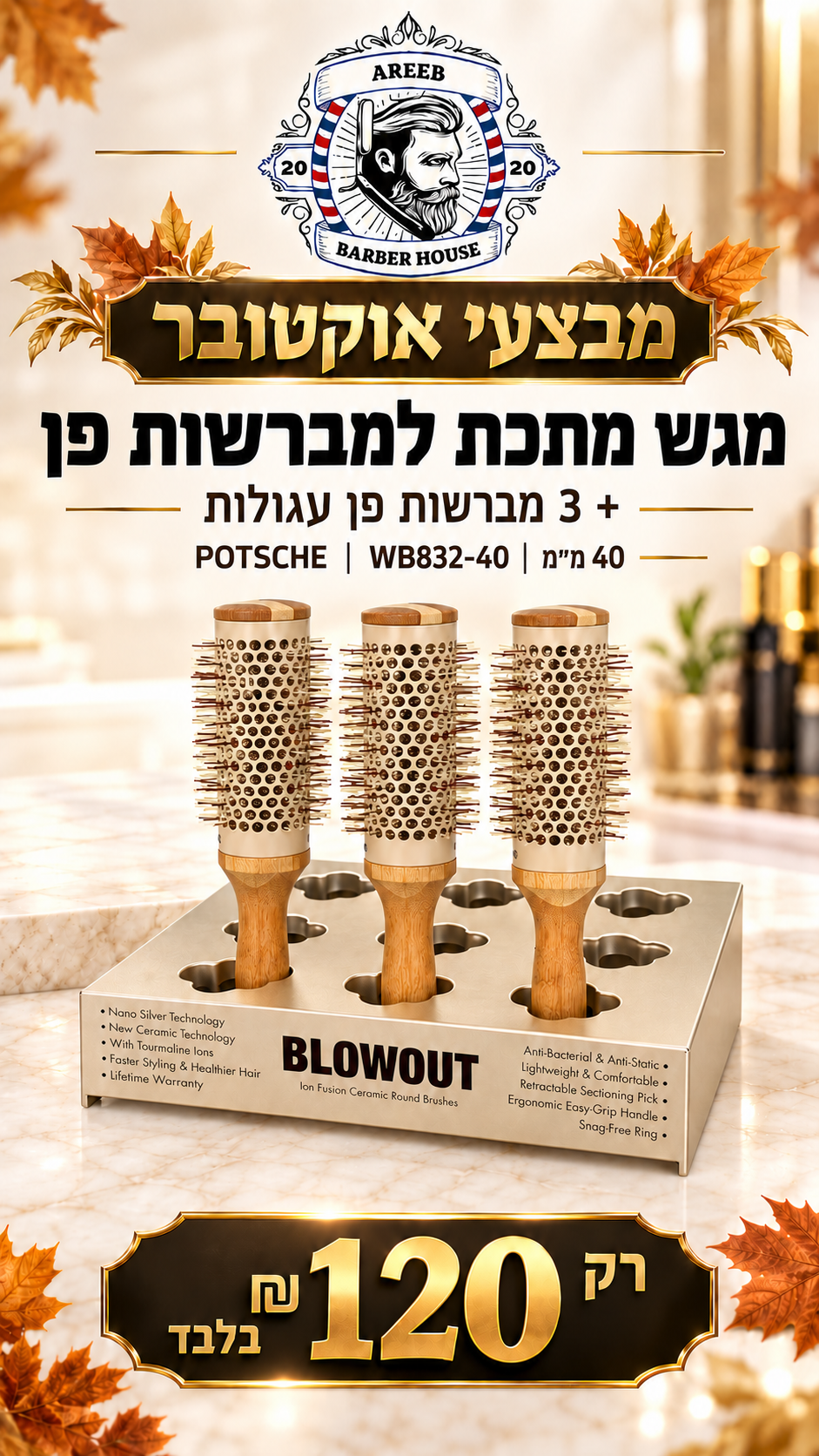 מבצע! מגש מתכת למברשות פן + 3 מברשות פן עגולות 