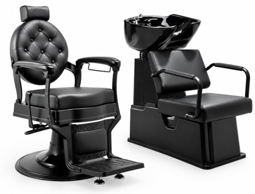 סט מקצועי למספרה: כיסא ברבר וינטג׳ BC-9500 Premium Black Edition + כיור חפיפה חרסינה BH-P3032B