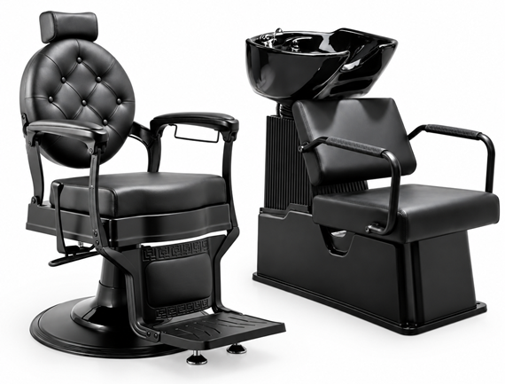 סט מקצועי למספרה: כיסא ברבר וינטג׳ BC-9500 Premium Black Edition + כיור חפיפה חרסינה BH-P3032B