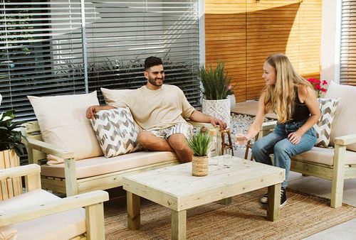 ספסל לאונג׳ זוגי מעץ אורן עם מזרן וכריות – דגם פאפוס – תמונה 2
