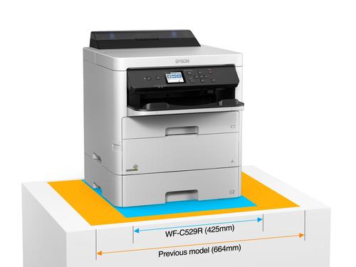 מדפסת הזרקת דיו Epson WorkForce Pro WF-C529RDTW – פאנל הבקרה ומגש הפלט בזווית