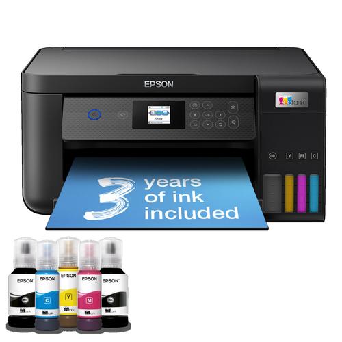 מדפסת ביתית עם מיכל דיו Epson EcoTank L4260 – מבט מלפנים עם בקבוקי הדיו
