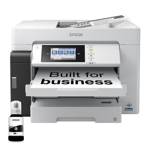 מדפסת הזרקת דיו משולבת Epson EcoTank Pro M15180 – מבט מלפנים עם בקבוק דיו