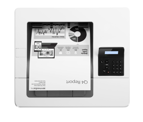 מדפסת לייזר שחור לבן HP LaserJet Pro M501dn – מבט מלמעלה עם המכסה סגור