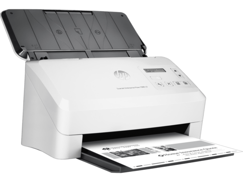 סורק שולחני HP ScanJet Enterprise Flow 7000 s3 – מבט צד עם מגש הזנה פתוח ומסמך סרוק
