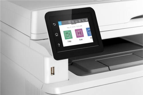מדפסת לייזר משולבת HP LaserJet Pro MFP M428fdn – תקריב מסך המגע ויציאת USB