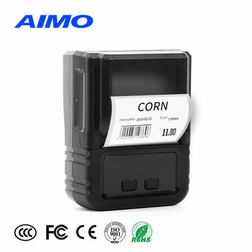 מדפסת מדבקות ניידת AIMO M120 שחורה – מבט מלפנים עם מדבקת ברקוד